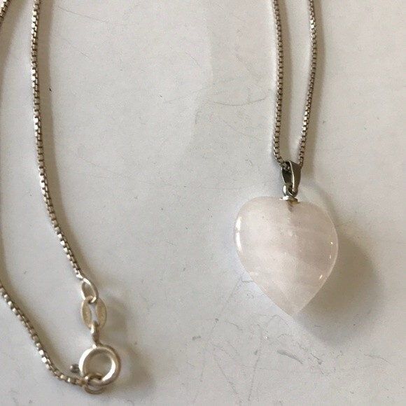 Sterling Silver Box Chain Rose Quartz Pink Heart Pendant Necklace 16 Inch - Picture 6 of 8